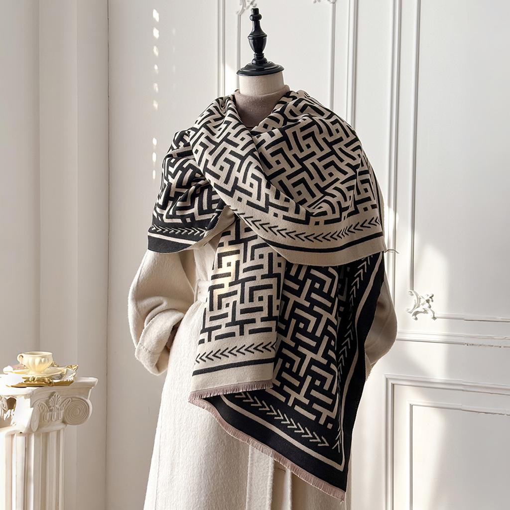 Luxury Brand Women's Cashmere Scarf - Winter Warm Tasseled Allover Geometric Print Pashmina Shawl, Foulard & Poncho