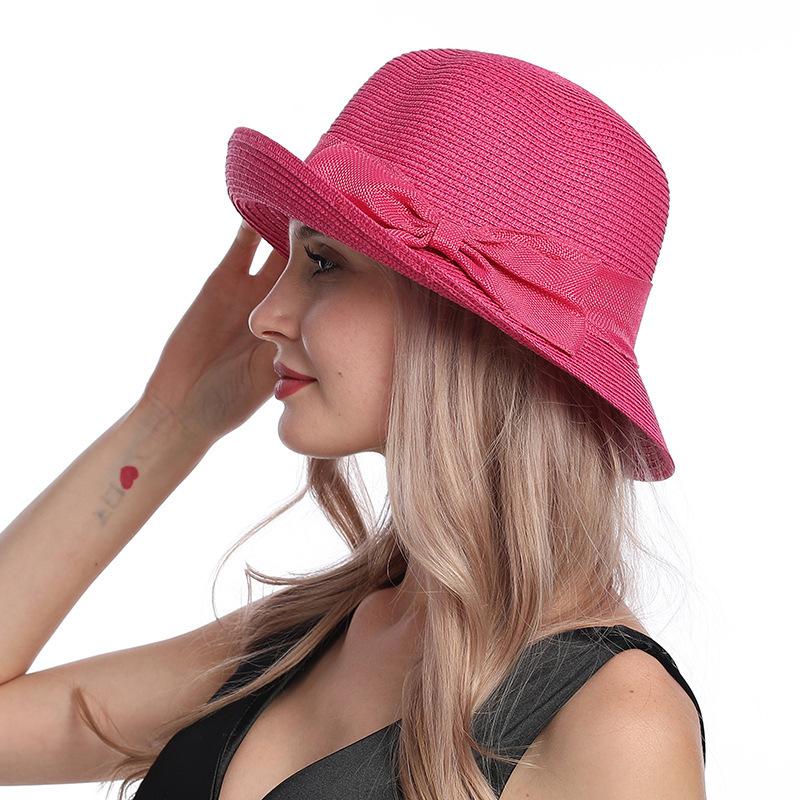 Summer Fashion Straw Hat Women's Simple Crimped Bow Basin Hat Versatile Bucket Hat Sunshade Sun Protection Hat Children
