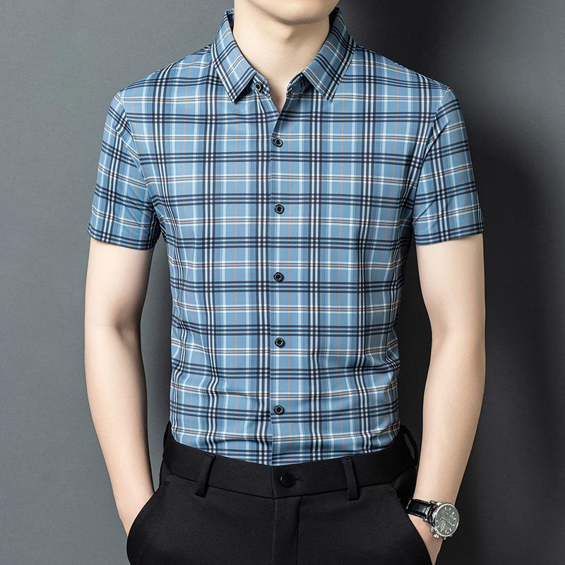 Striped Men's Short Sleeve Shirt Summer New Digital Printing Lapel Plaid Shirt Casual High Elastic Half Sleeve Top