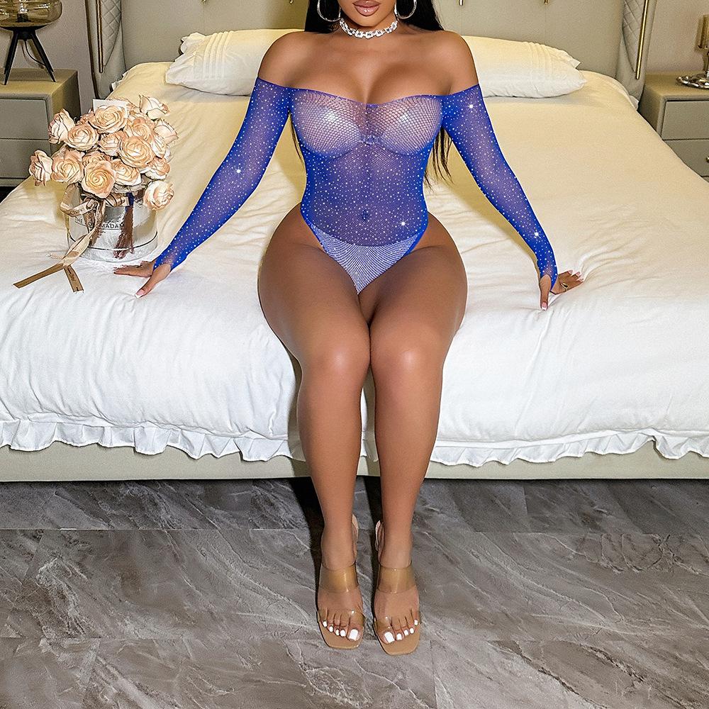 Women Sexy Lingerie Crystal Rhinestone Colored Jumpsuits Hollow-Out Bodysuit Long Sleeve Suit For Ladies Weight 88-145Lbs