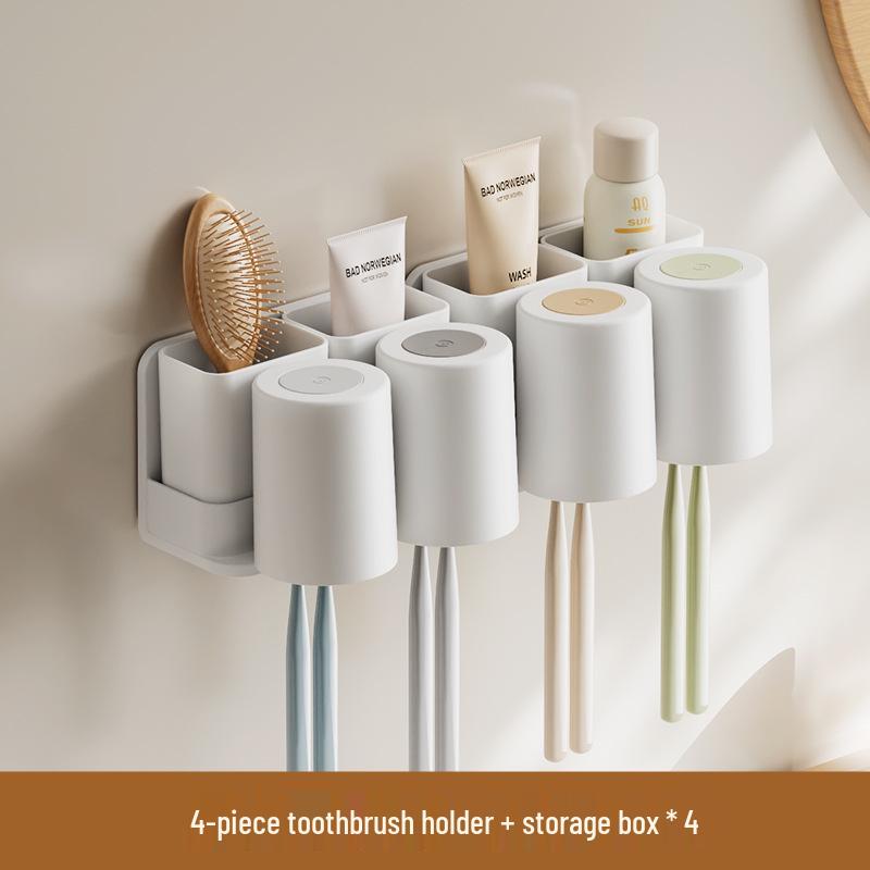 Wall-Mounted Toothbrush & Toothpaste Holder with Mouthwash Cup, Punch-Free