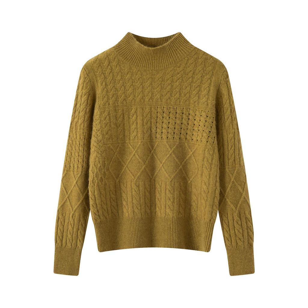 2026 Autumn/Winter Women's Pure Wool Thick Cable Knit Sweater with Half-High Collar and Long Sleeves