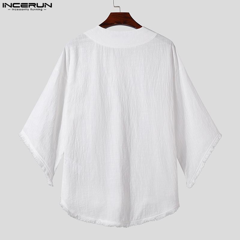 INCERUN Vintage męskie koszule z dekoltem w kształcie litery V, rękawami w kształcie skrzydła nietoperza, ponadgabarytowymi, nieregularnymi, workowatymi bluzkami
