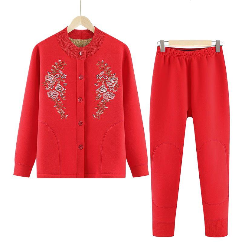 Women's Winter Fleece-Lined Cardigan and Sweater Set for Elderly