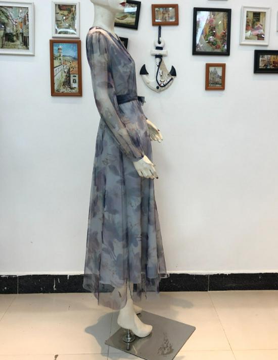 2025 French Elegant Women's Mesh Print Waist-Cinching Dress