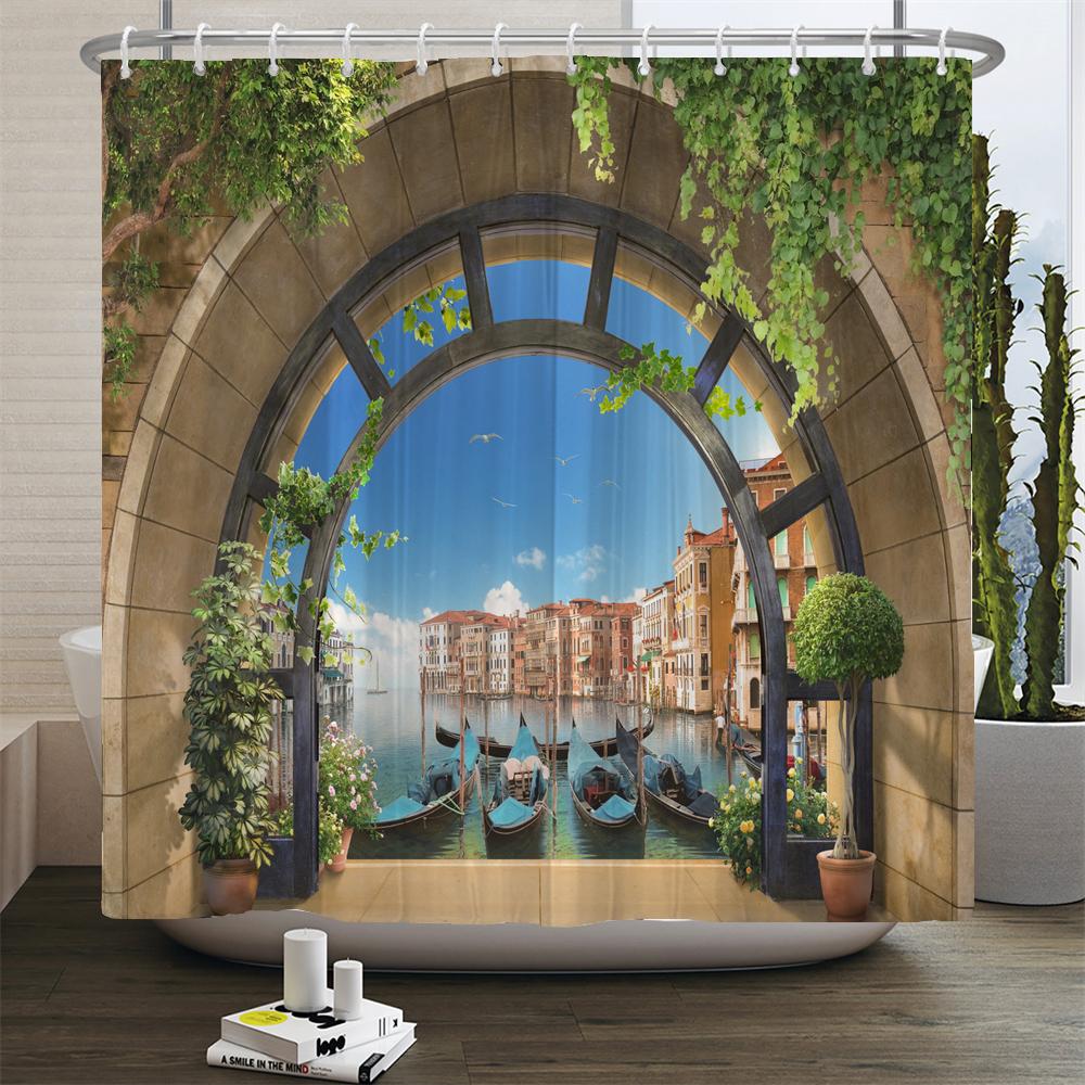 

Пейзаж морского пляжа Занавеска для душа с принтом Средиземноморский пейзаж Полиэстер Занавески для ванной Домашний декор Занавеска с крючками W90xH180cm