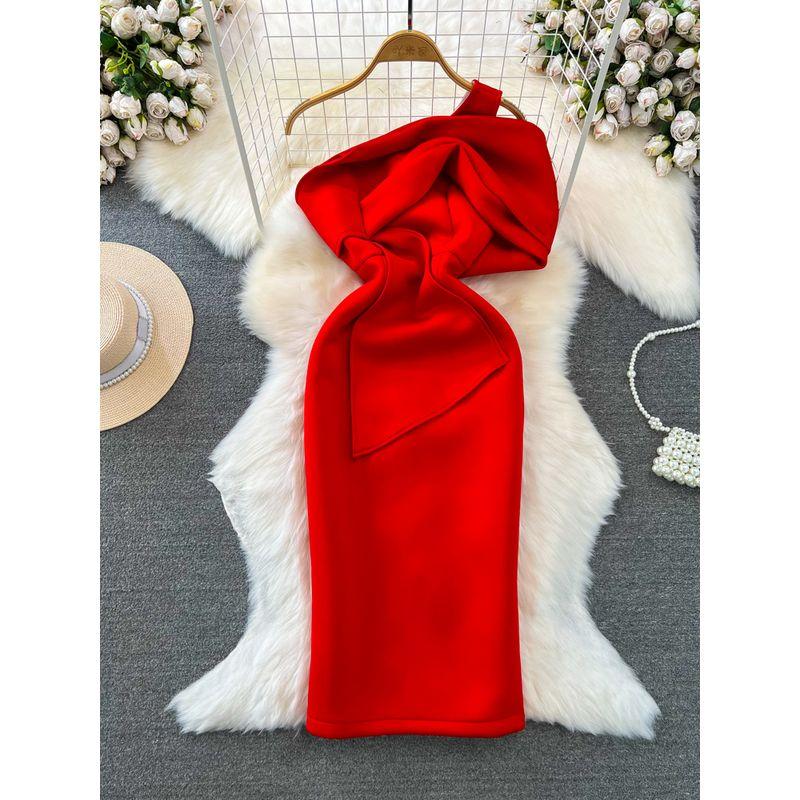 

Accessible Luxury Socialite Diagonal Collar Single-Side off-the-Shoulder Dress Tube Top Red XL