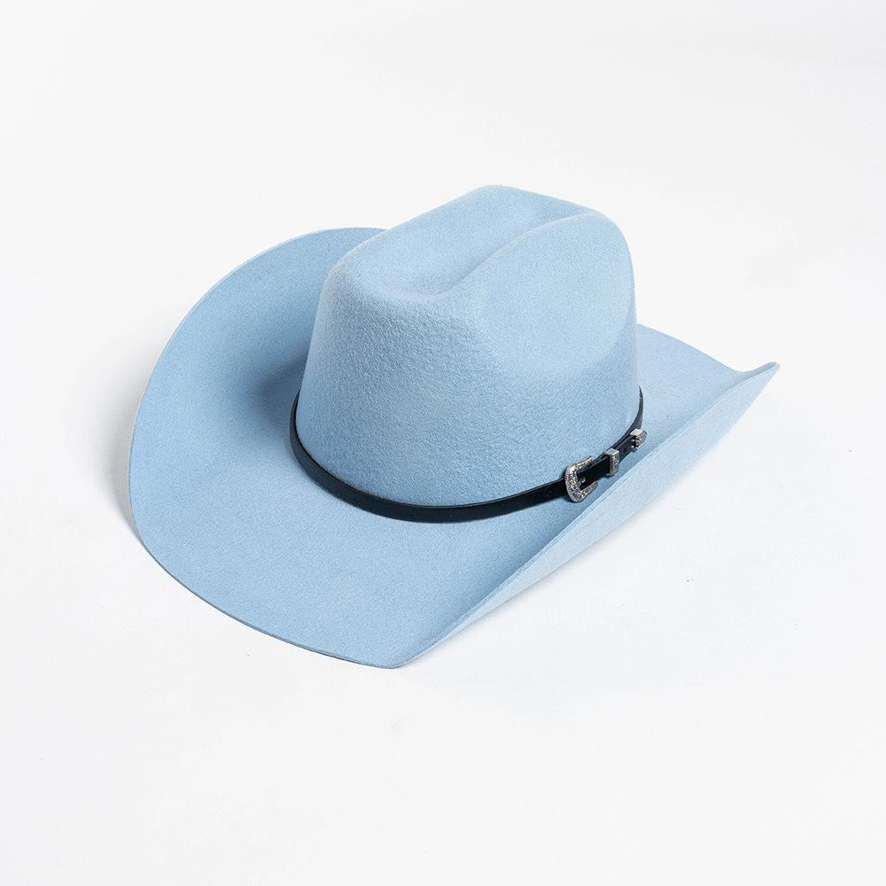 Europe, America, Autumn and Winter New Fashion Casual Belt Buckle Upturned Edge Big Brim Wool Felt Denim Hat Outdoor Warm Top Hat Tide