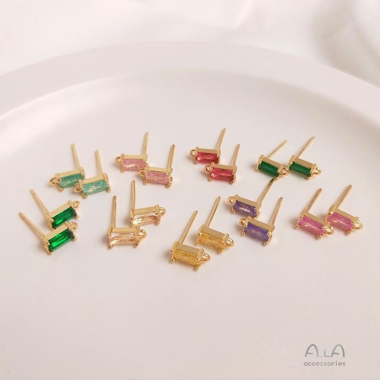 

14K Gold-Plated Silver Studs with Rectangular Zircon and Colorful Hanging Ear Pins for DIY Accessories