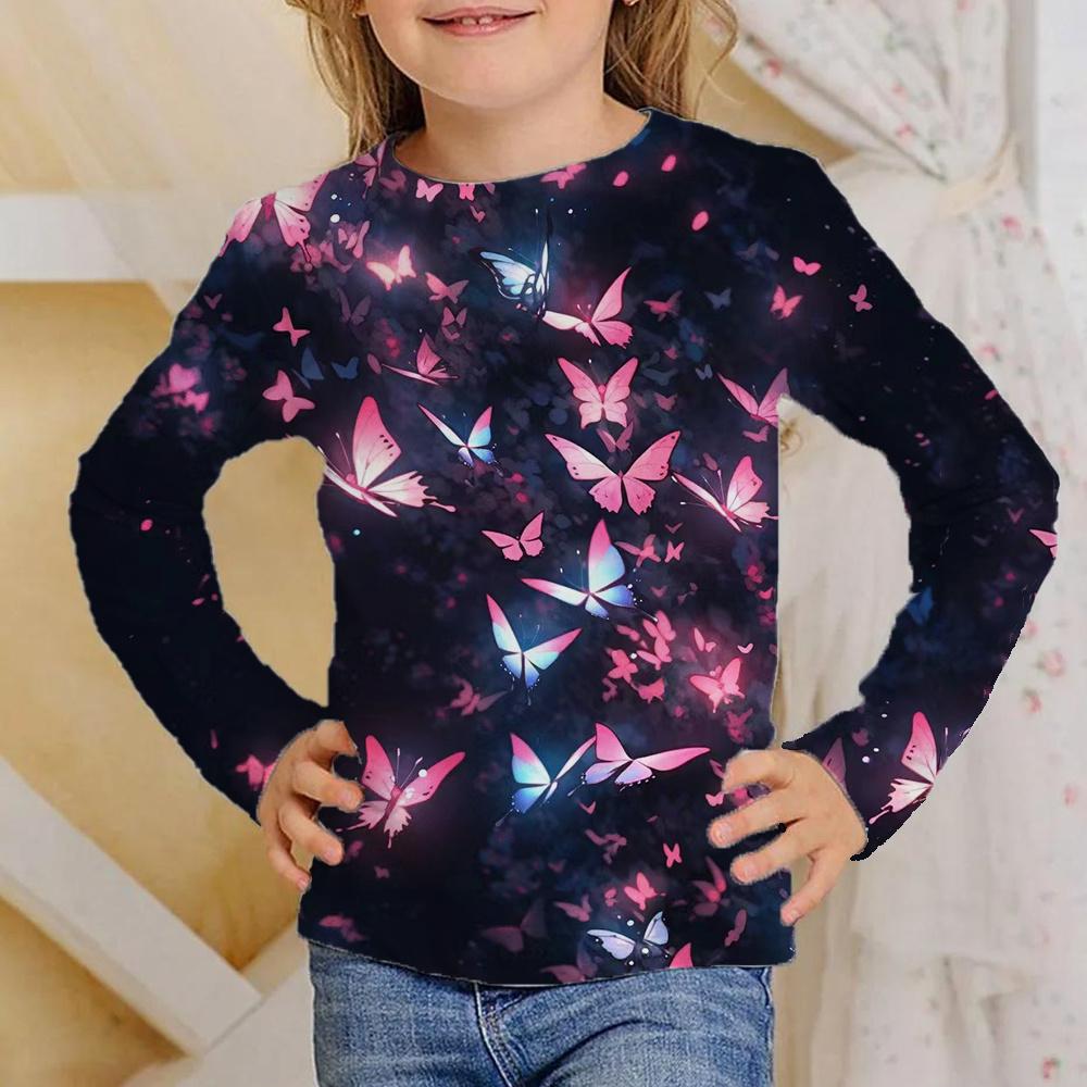 Spring and Autumn Round Neck Butterfly Pattern 3D Printed Top Fashionable Casual Long Sleeved Children's Girl T-shirts