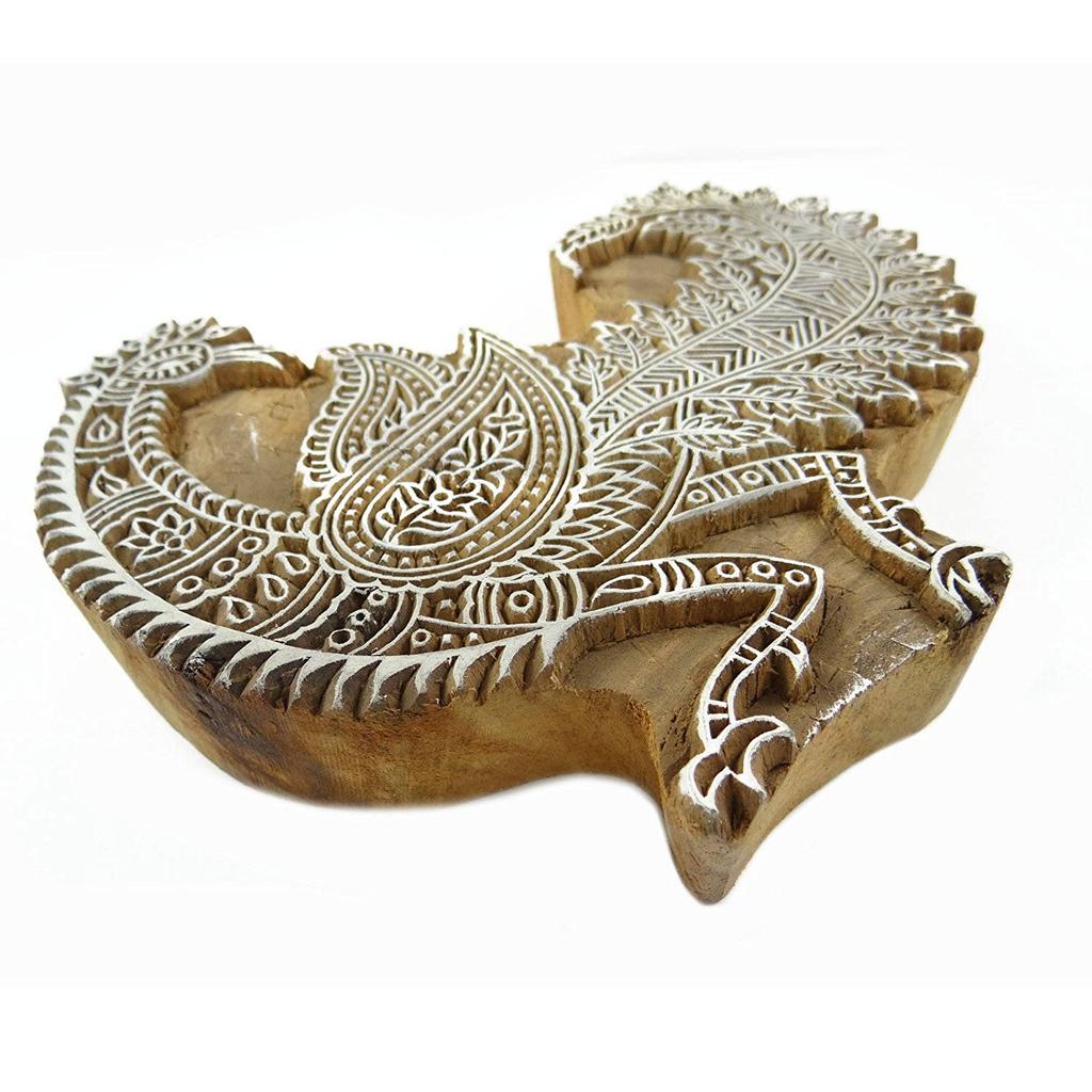 Hand Carved Printing Block Peacock Pattern Wooden Textile Stamp As Home Decor