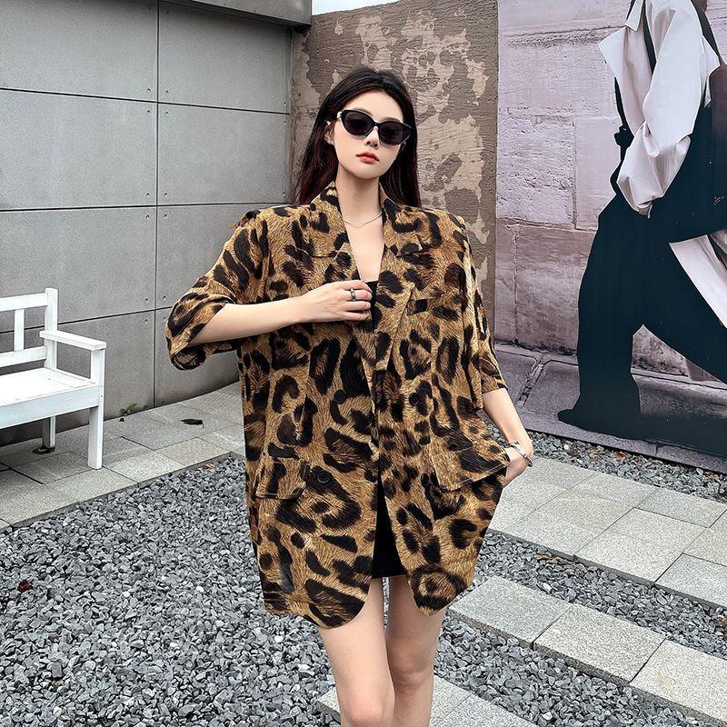Summer Ladies Premium Retro Fashion Leopard Print Loose Short Sleeve Shirt Casual Blazer Coat Outerwear