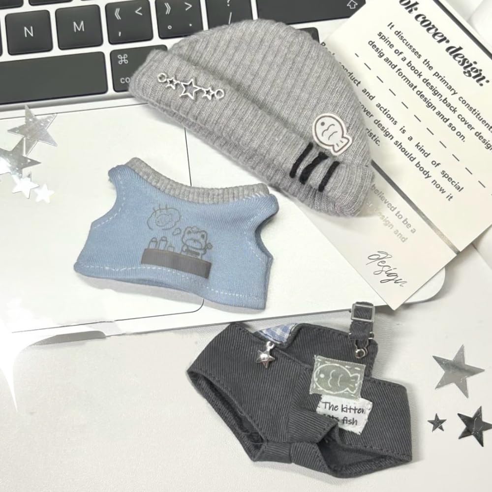Knit shirt and overalls set for stuffed costume cap, 10cm, grey, animal, kigurumi, accessories, otaku, doll, mascot, kpopdoll, [used]