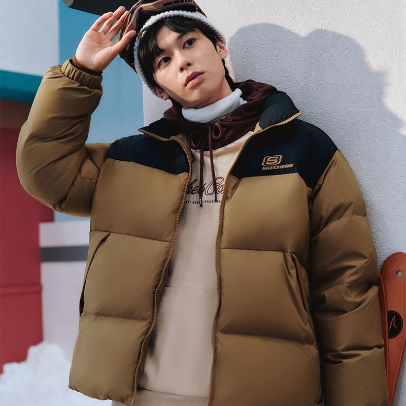 Skechers Fashion Color Block Logo Short Woven Down Jacket Unisex Jackets Light-Brown L423U106-01N2
