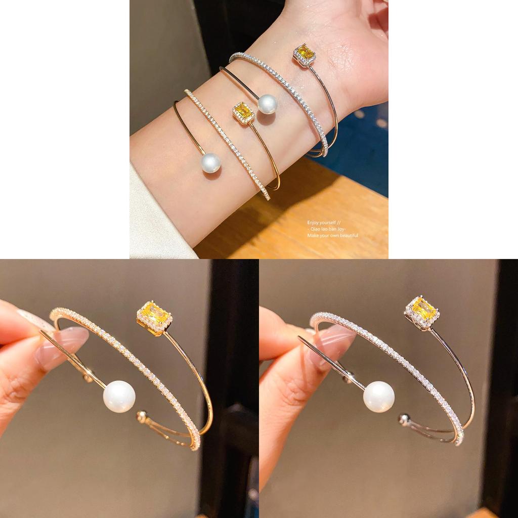 Geometrisches Zirkon-Quadrat-Perlen-Dreilagen-Offenes Armband mit elegantem Finish für modische Bürokleidung