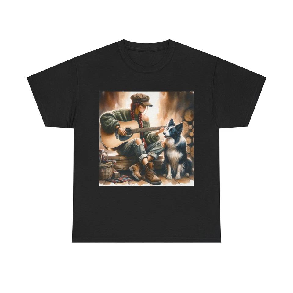 Unisex Adult T Shirt Young Woman Guitar Border Collie Art L