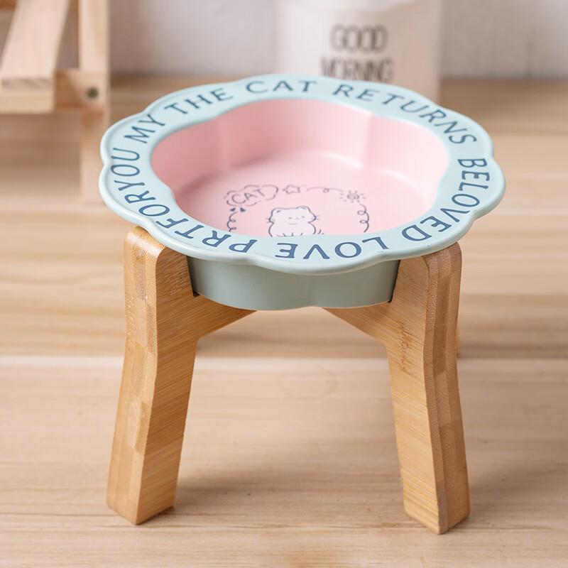 Anti-Black Chin Ceramic Pet Food Bowl with Elevated Wooden Stand