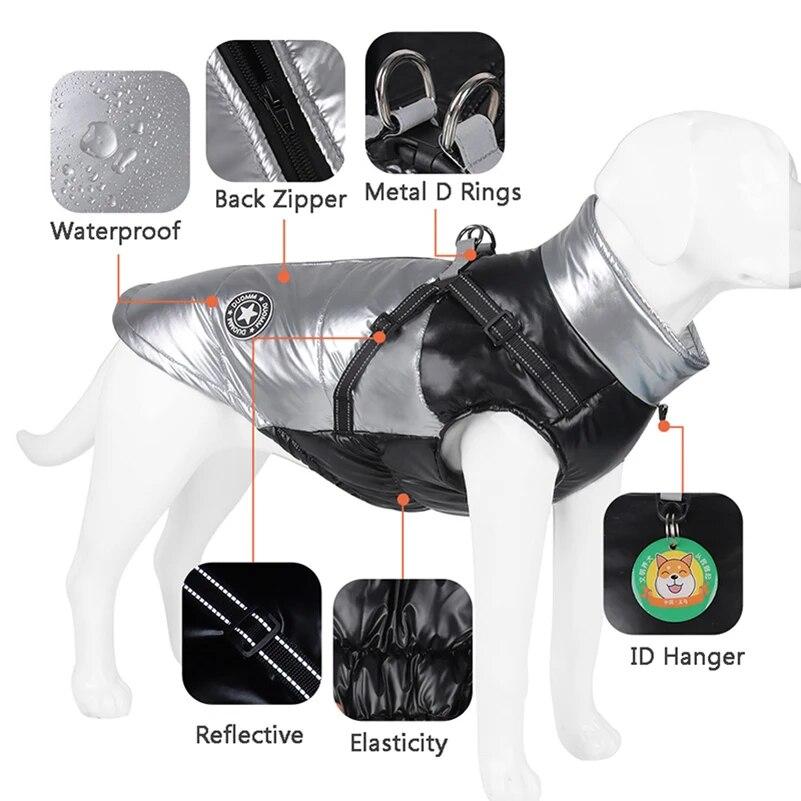 Large Dog Clothes Winter Warm Dog Jacket with Harness Reflective Puppy Outfit Waterproof Pug French Bulldog Labrador Costumes
