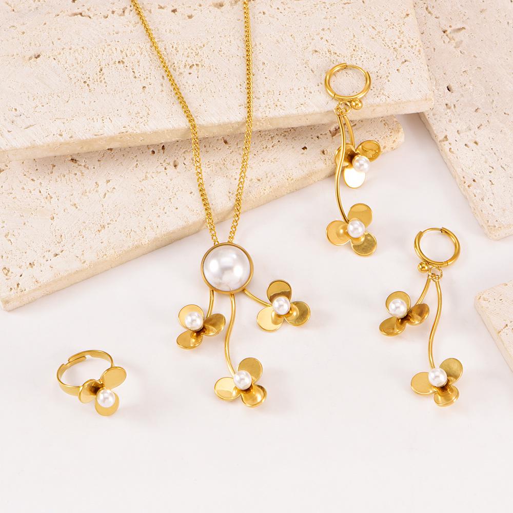 

Stainless Steel Pearl Flower Jewelry Set - Necklace, Earrings, Ring