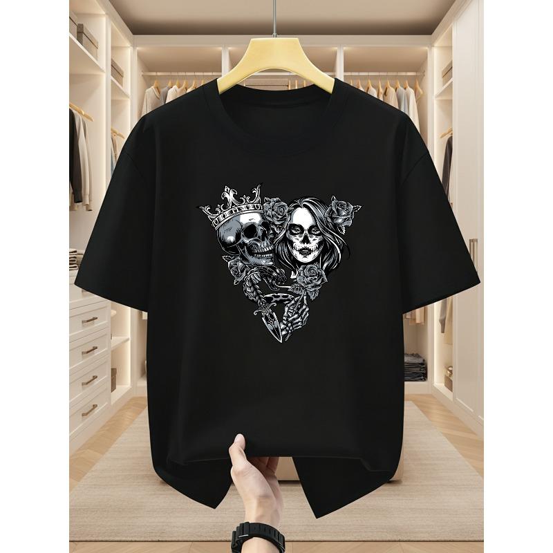 Plus Size Men'S T-Shirt Skull And Heart Pattern Short Sleeve T-Shirt Individual Trendy Men'S Top Comfortable Casual Short-Sleeved T-Shirt in Summer