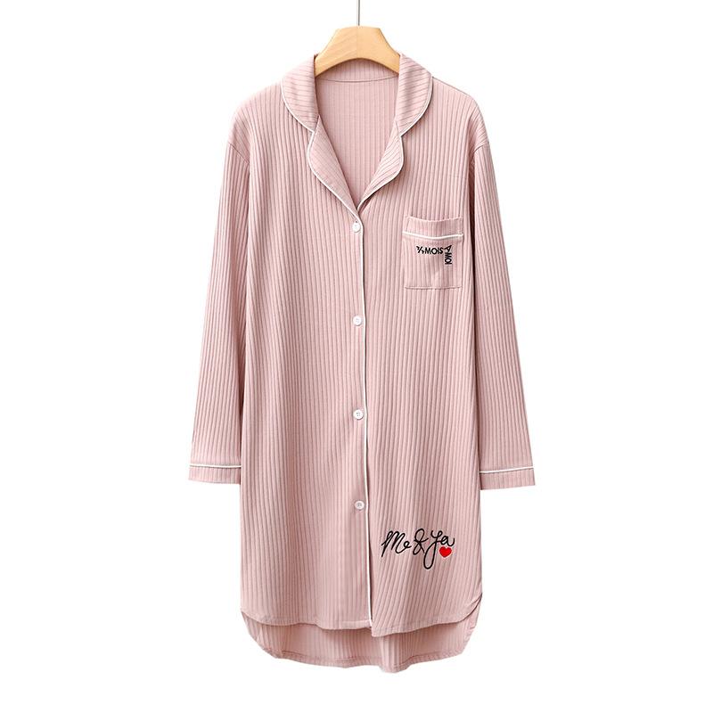 

Spring and Autumn Pajamas Korean Version Pajamas Women s Lapel Pit Strips Cotton Long Sleeves Letter Embroidered Medium and Long Skirts Homewear Korea One size fits all
