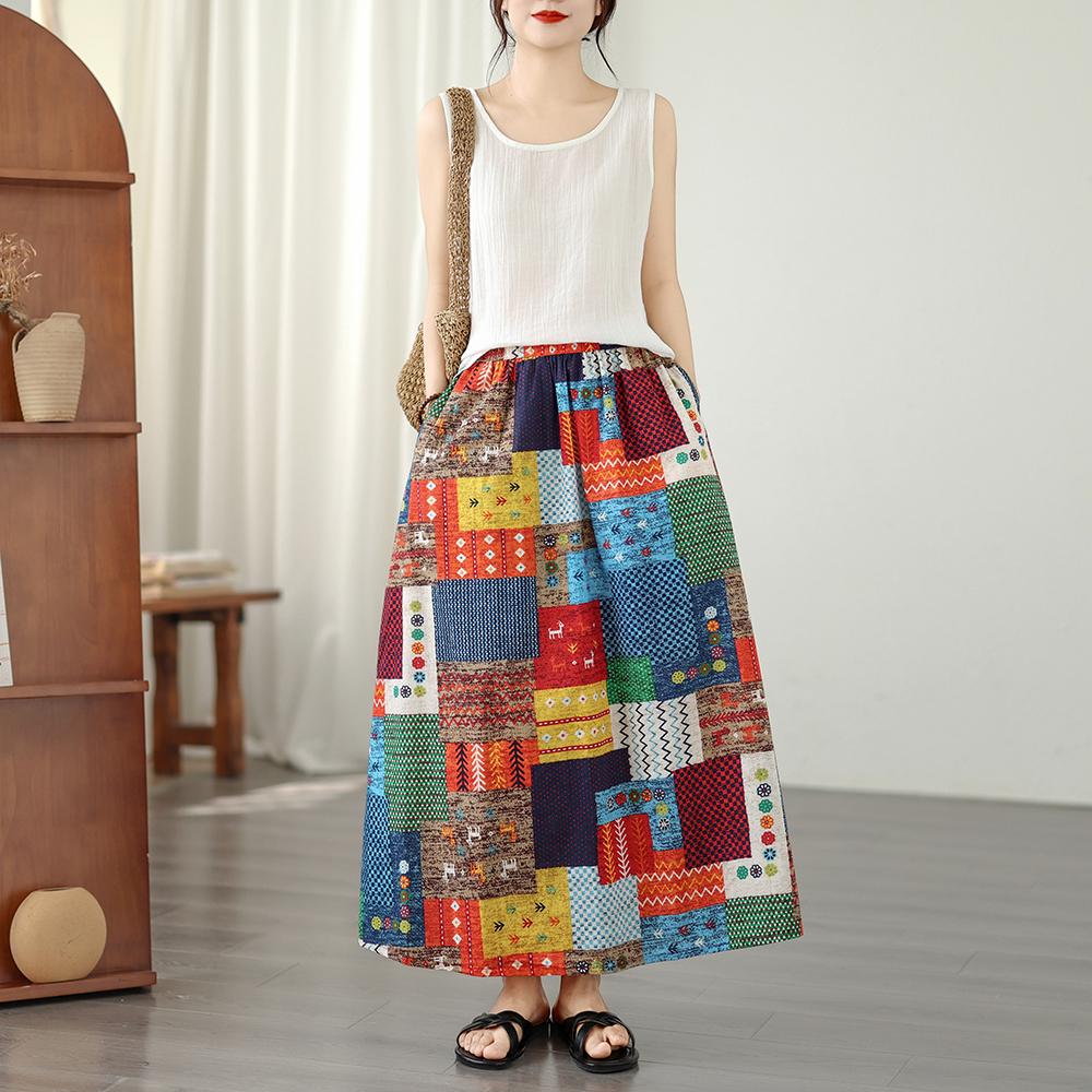 

DIMANAF 2026 Summer Beach Plus Size Long Skirt Women Elastic Waist Loose Casual Trousers Bottoms Vintage Printing 2XL