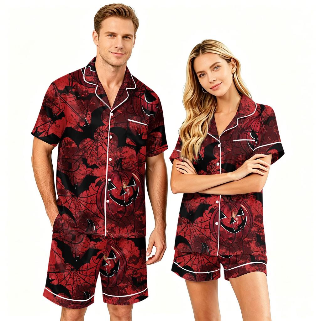Couple Matching Halloween Pajama Set Short Sleeve Button Down Shirt with Hem and Shorts Set Soft Casual Sleepwear S To XXXXL