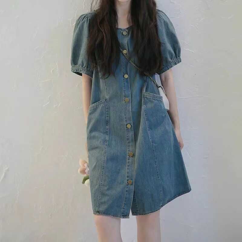 

Chao Level Recommend! French Blue Puff Sleeves Elegant Dress Women s Clothing Summer Loose Feeling Denim Skirt Picture Color S