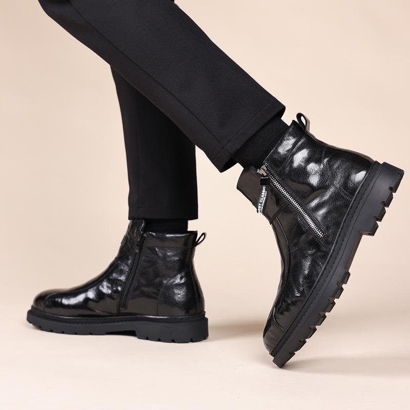 Men's Genuine Leather High Top Winter Boots - Warm Velvet-Lined Casual Martin Boots in British Style.