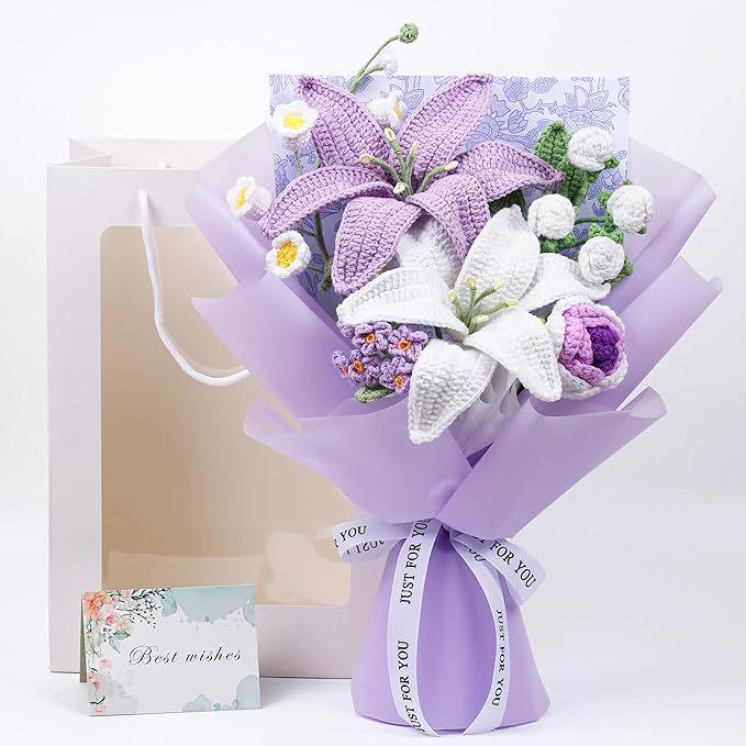 Handmade Knitted Yarn Bouquet: Crocheted Roses, Lilies, Tulips, and Gesang Flowers for Valentine's Day