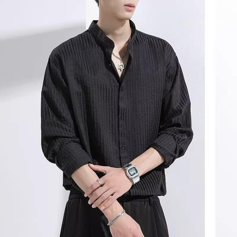 Style Bubble Puff Black Striped Long-sleeved Shirt Men's Spring and Autumn New Style High-end and Handsome Stand-up Collar