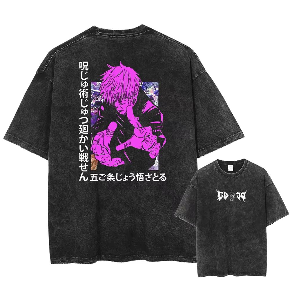 Japan Anime Jujutsu Kaisen Gojo Satoru Print Washed Tshirt Men Pure Cotton Tshirts Manga Casual T Shirt Harajuku Top Streetwear
