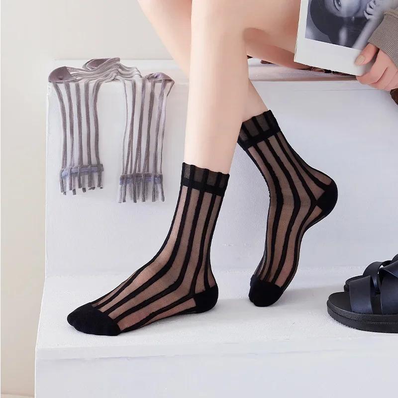 Summer Ultra-thin Women Socks Transparent Crystal Silk Socks Korean Fashion Striped Harajuku Streetwear Nylon Loose Long Socks