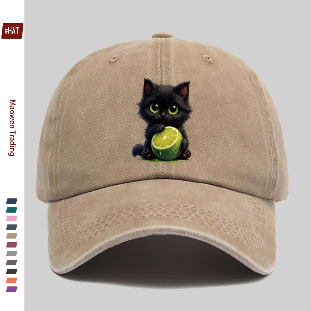 1pc Cartoon Cat And Lime, Cute Cat Print Baseball Cap Fashion Trendy Design Sun Hat Truck Driver Decor Hat Adjustable Papa Hat W