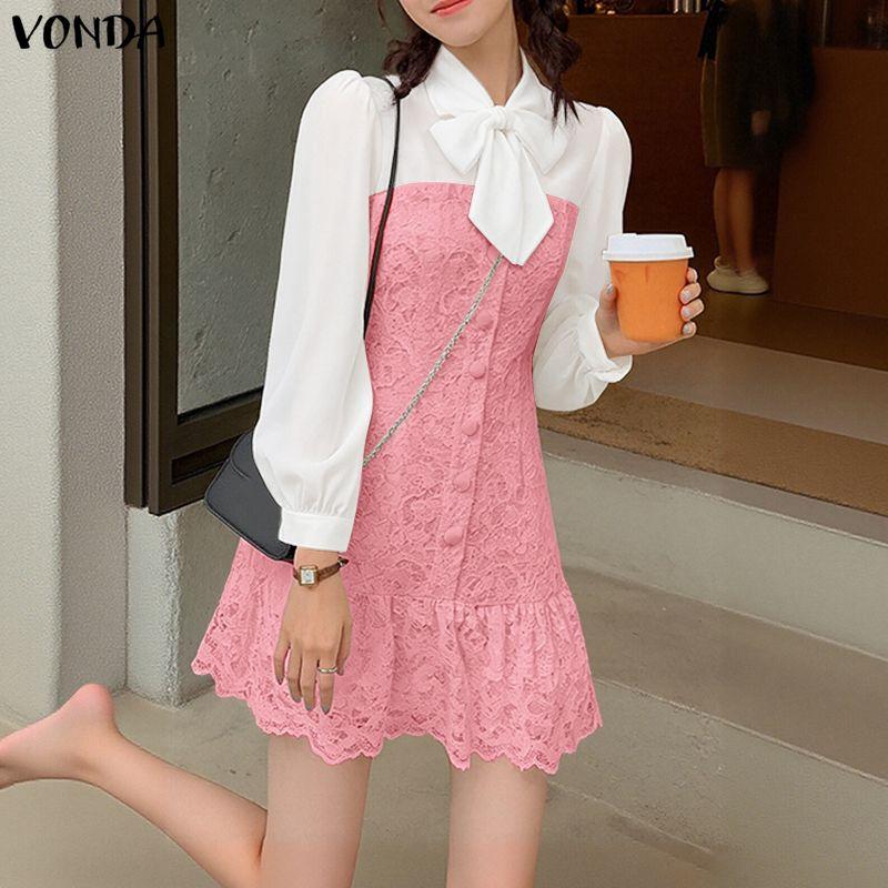 VONDA Women Casual Bow Knot Neck Long Sleeve Lace Crochet Patchwork Elegant Ruffled Dress