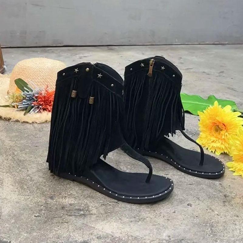 [] Pinch-in tassel sandals women's new summer open-toe side zipper inner height-increasing cool boots