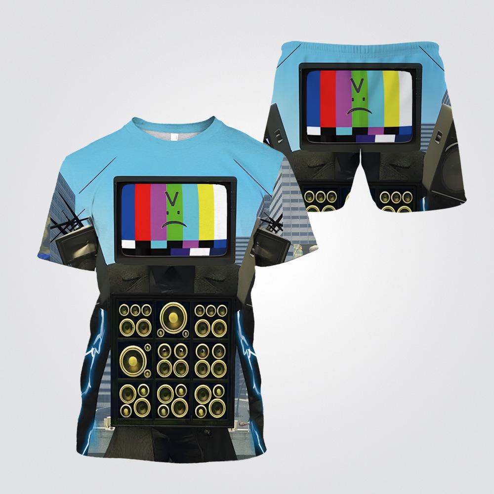 Summer Round Neck 3D Cartoon Toilet Person Vs. Monitoring Person Printed Set Fashionable and Casual Short Sleeved Shorts Children's Boy Clothing Sets