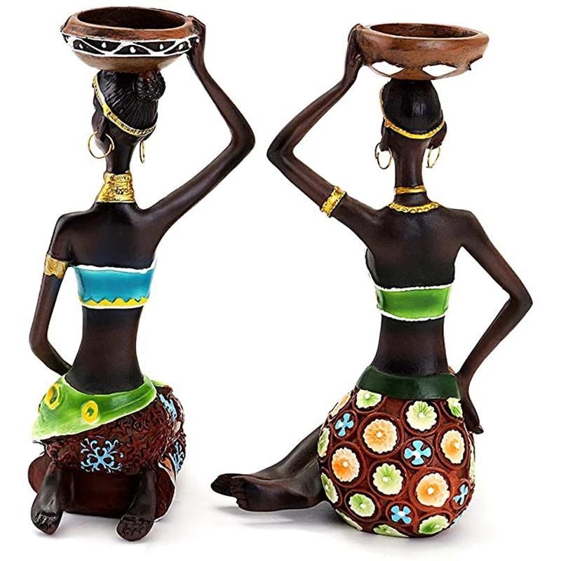 Candle Holders African Women 8.5" Decor for Table Desk Decorative Dining Room Candleholder Sculptures Resin Candlestick Vintage