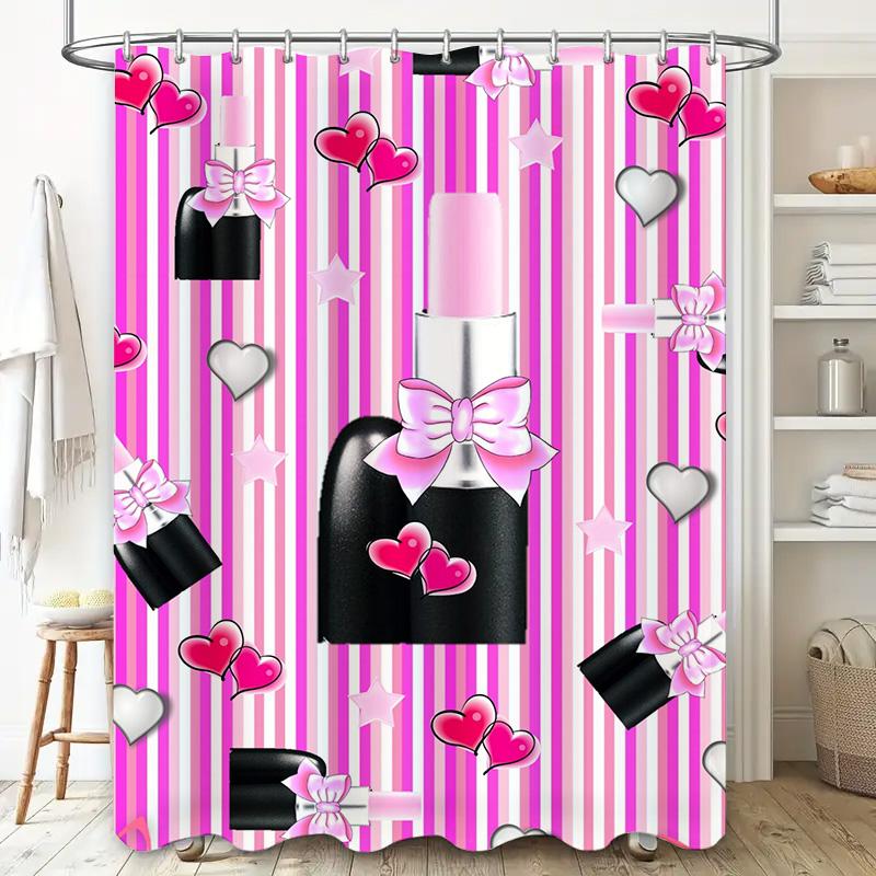 Pink And White Striped Shower Curtain With Heart And Nail Polish Pattern For Bathroom Decor Modern Home Decor Item #8214360795;