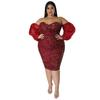 Vestido Midi Bodycon Preto com Lantejoulas, Ombro a Ombro e Manga Bufante, Tamanho Grande