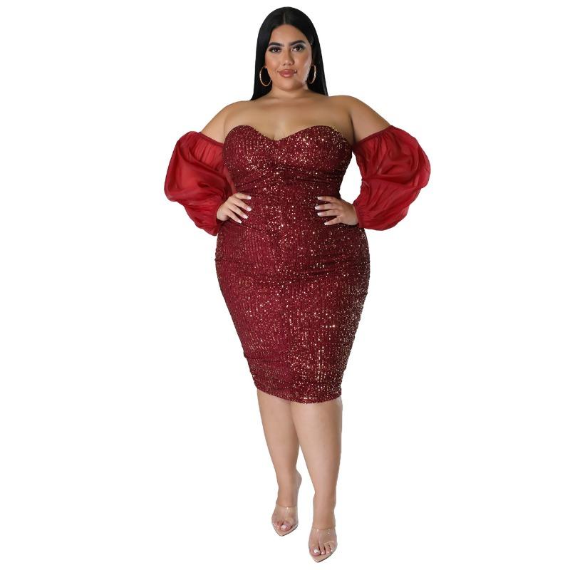 Vestido Midi Bodycon Preto com Lantejoulas, Ombro a Ombro e Manga Bufante, Tamanho Grande