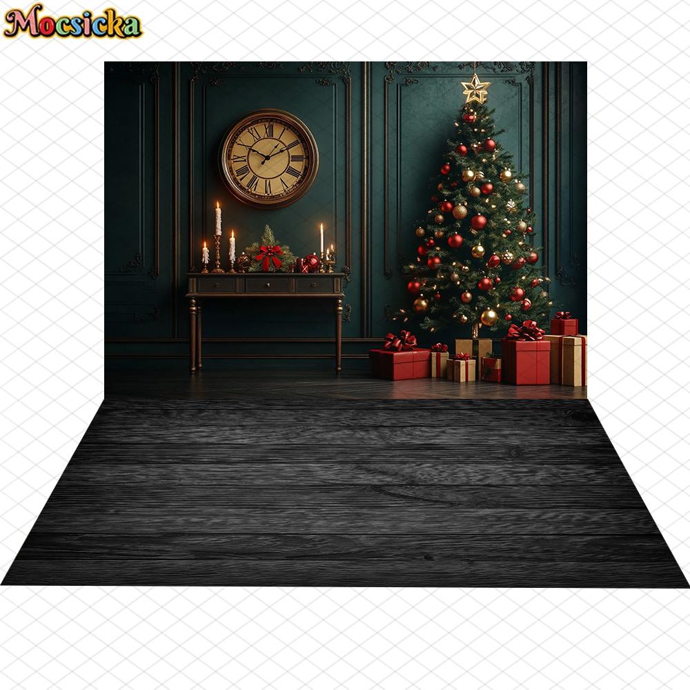 Mocsicka Christmas Photography Background Home Xmas Tree Dark Green Wall Decorations New Year Party Photo Backdrop Studio Banner