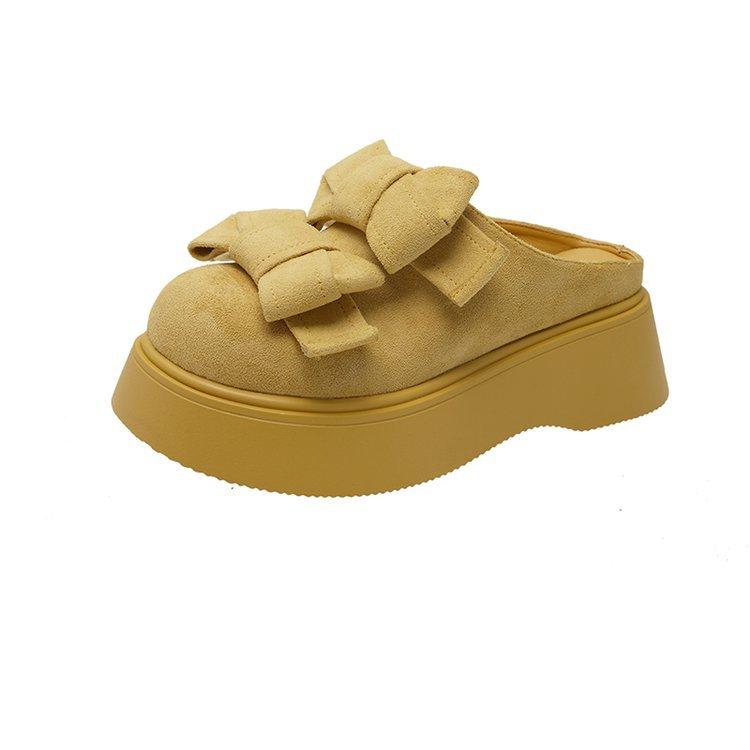Fashion 2025 New Round Head Waterproof Table Slipper Women's Fashion Wrap Head Deep Mouth Flannelette Butterfly Knot Non-slip Flat Shoes