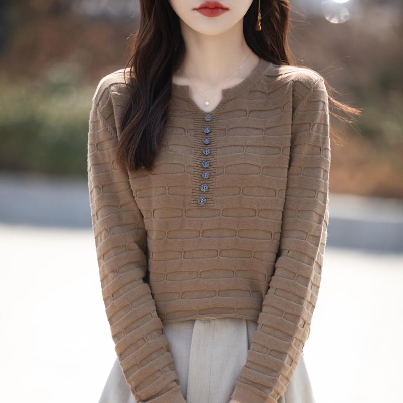Autumn Winter Women Cotton Sweater V-neck Half Open Buckle Pullover Square Pit Sweater Slim Knitted Warm Bottoming Tops