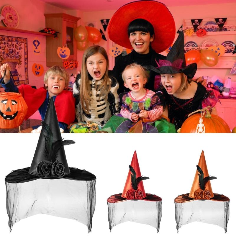 Trend Teen Witch Hat with Black Veil Applique Fashion Adult Teen Flower Witch Hat Halloween Carnivals Cosplay Hat