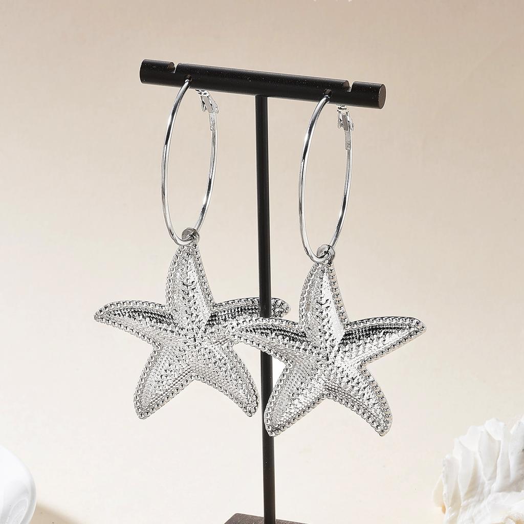 Bohemia Gold Color Starfish Hoop Earring for Women Vintage Exaggerate Metal Big Starfish Earring Beach Party Daily Wear Jewelry