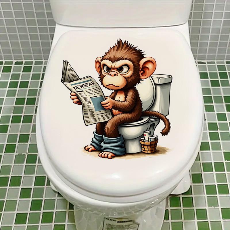 3D Funny Cartoon Monkey Reading Newspaper Toilet Wall Sticker Self-Adhesive Waterproof Removable Bathroom Home Decor Art