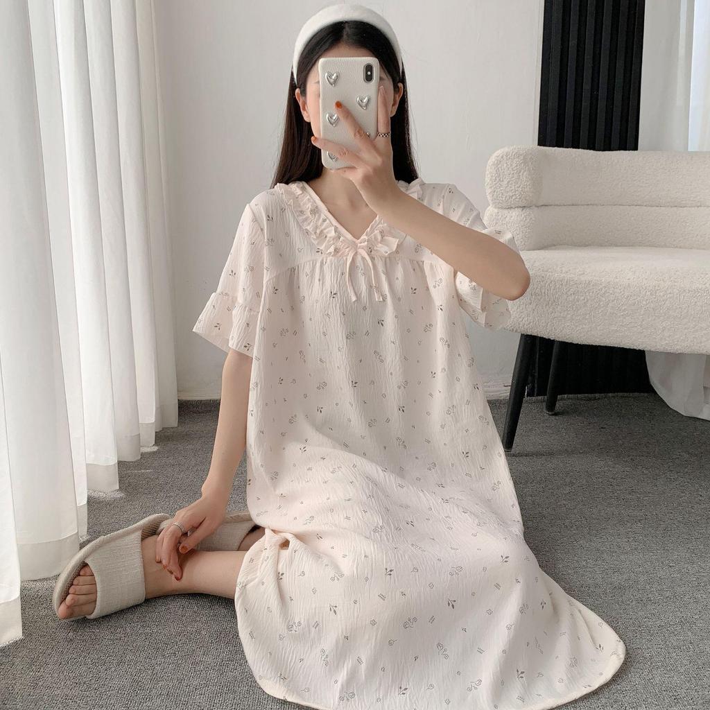 Cloud Cotton Summer Pajama Dress - Women's Short Sleeve Sweet Girl Print Homewear