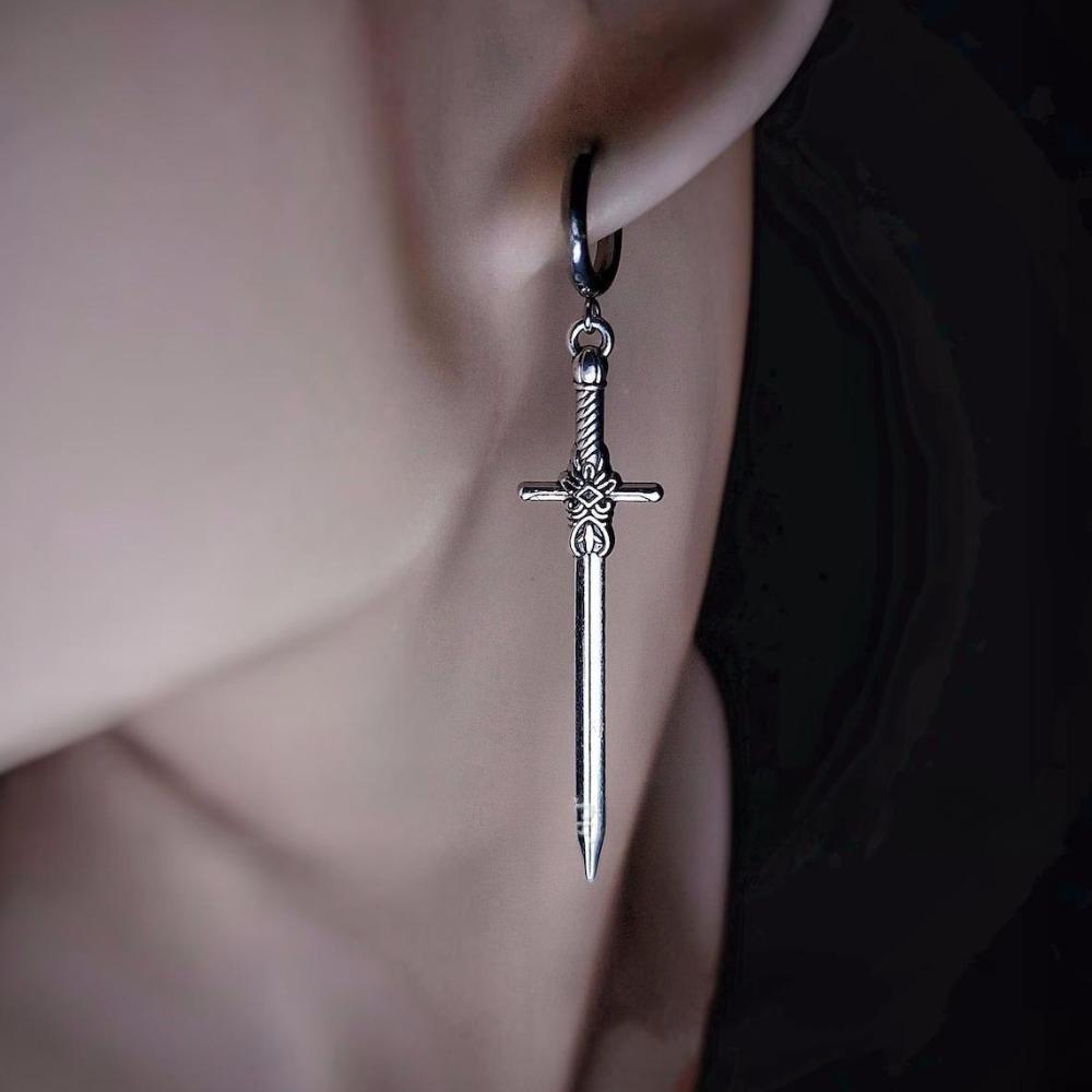 Personality Design Punk Goth Style Sword Drop Dangle Earrings for Men New Trend Hip Hop Rock Party Zircon Y2K Accessories