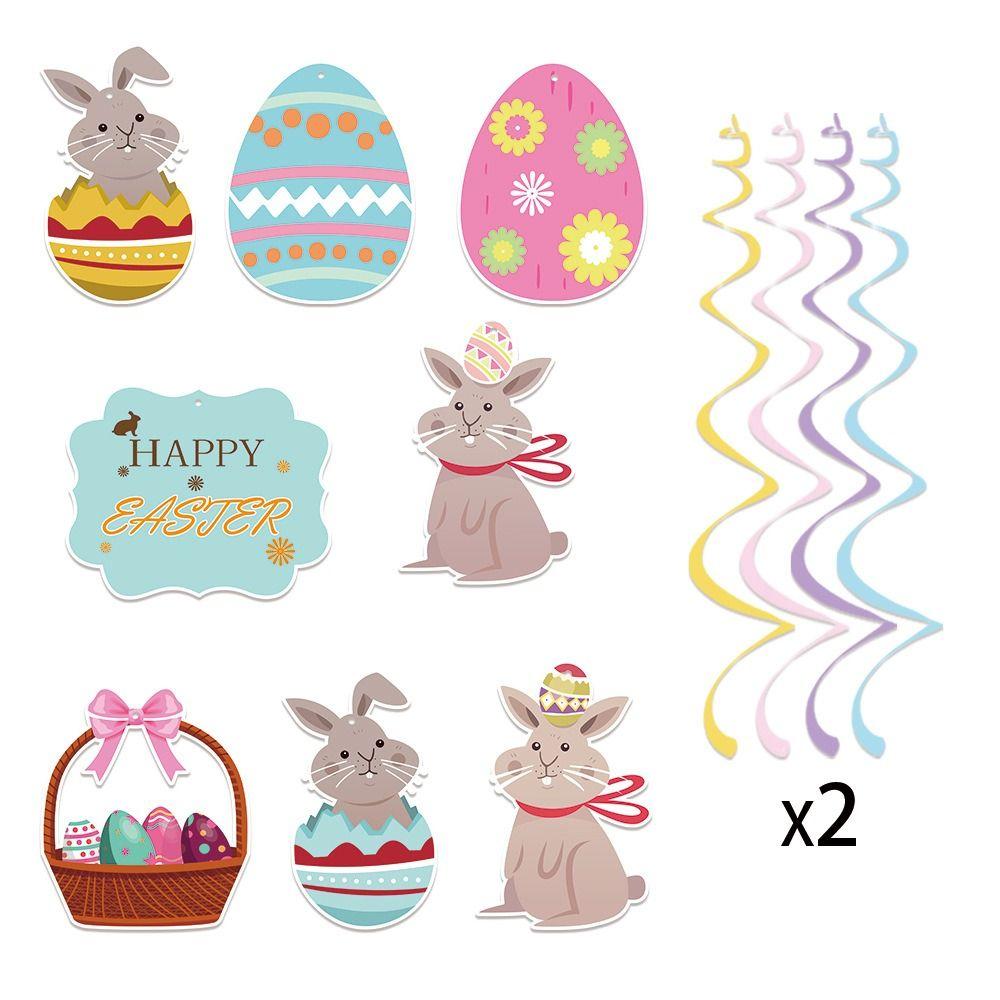 DIY Easter Party Decorations Cartoon Bunny Colorful Hanging Ornaments PVC Easter Egg Swirl Banner for 8pcs Festive Decorations